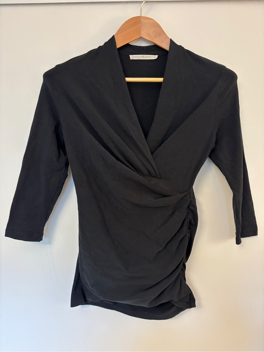 Peruvian Connection Cyprus Black Ruched Top Drape Wrap-Style Elevated Basic Soft